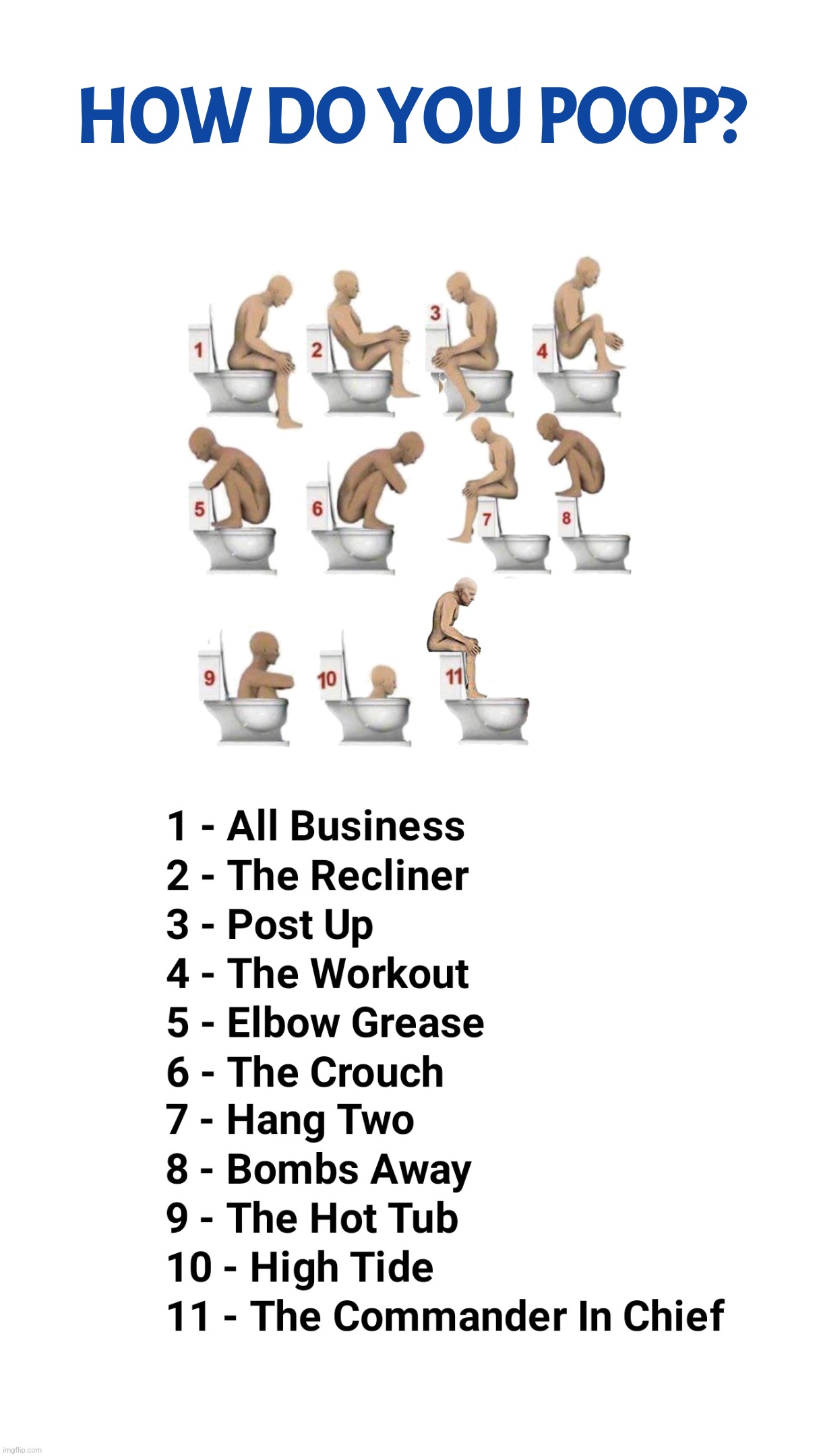 How do you poop? A chart showing exciting new pooping postures that break the current boundaries of the pooping experience.
