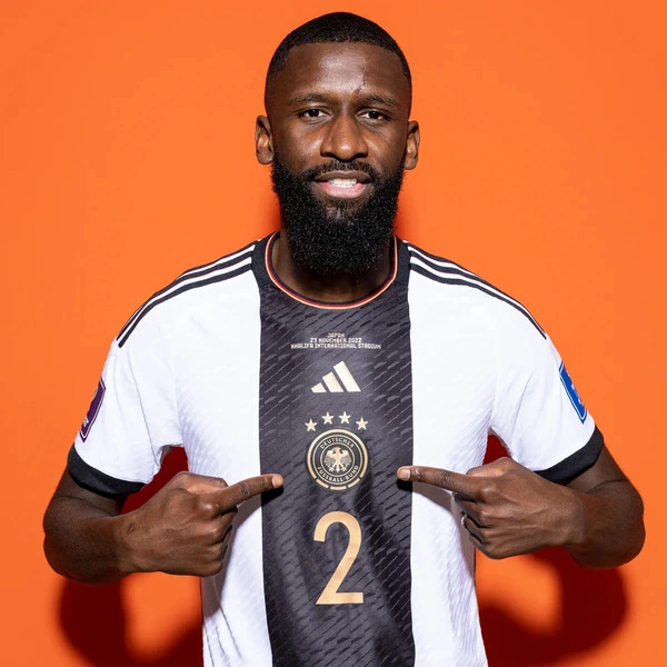 Antonio Rudiger, a German footballer, wearing the shirt of the German national football team.