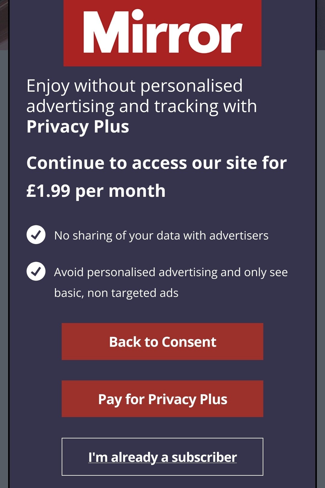 Screenshot from the Mirror asking to pay £2 for non tracking ads or be tracked and read for free