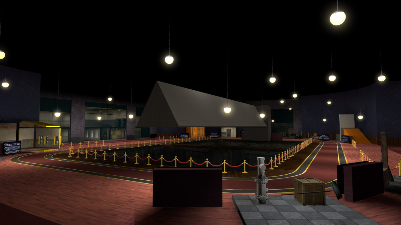 Exhibits about features of the Source engine line the walls of the room. In the middle of the room is a short surf ramp.