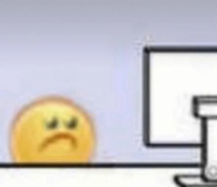 low resolution drawing of a sad, distressed emoji looking at a computer screen