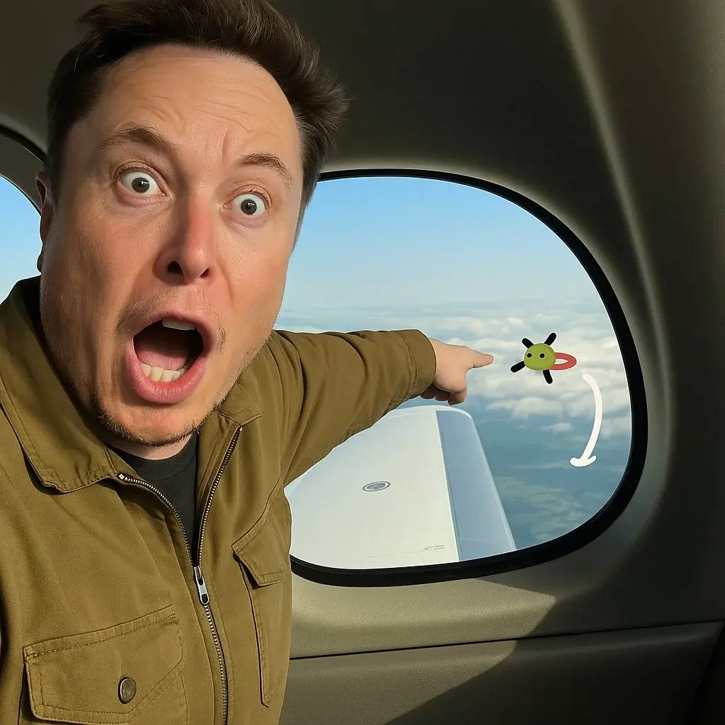 Variation of the "Prigozhin pointing meme" were Prigozhin points to the window of an airplane at an approaching cartoon missile. In this AI generated variation Prigozhins head has been replaced with elon musk