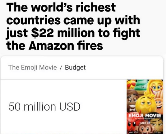 Two screenshots. The first is a headline: "The world's richest countries came up with just $22 million to fight the Amazon fires.", the second lists the budget for The Emoji Movie: $50 million.