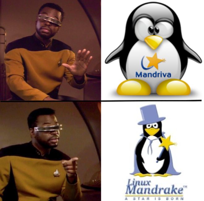 geordi laforge drakeposting meme, indicating a preference for a classic mandrake tux logo (with tux wearing a magician's hat and cape, and holding a magic wand with a yellow star on the end of it, with the text "a star is born" under it) vs a more cartoonish mandriva tux with the yellow star on tux's chest.