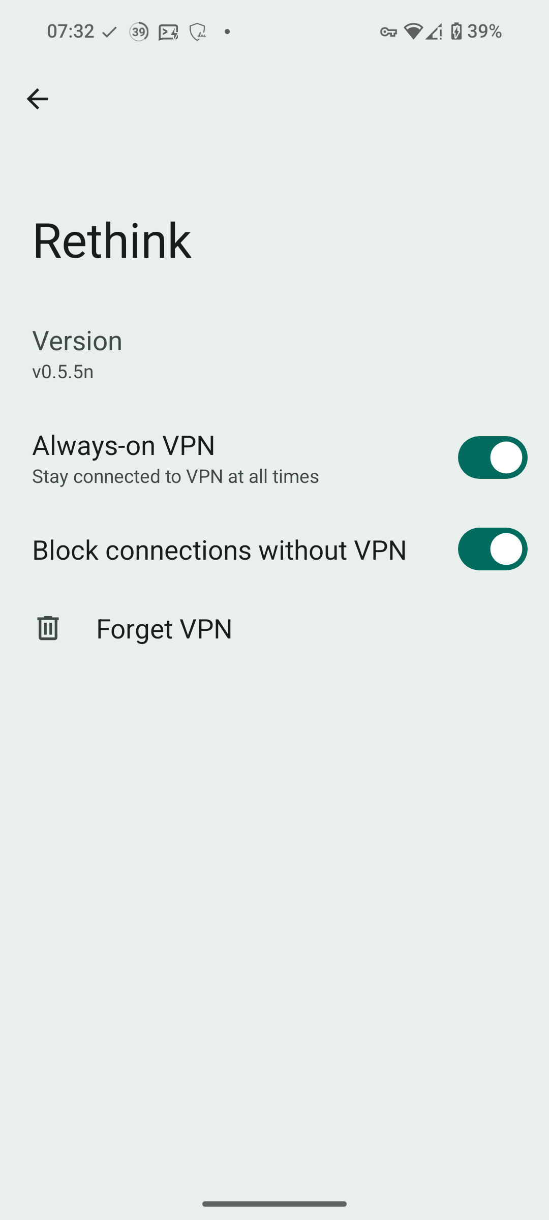 VPN settings on Android for Rethink DNS, showing 2 toggles "Always-on VPN" and "Block connections without VPN", both enabled