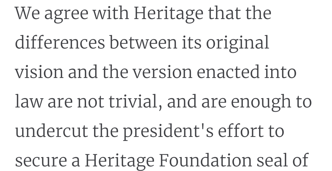 We agree with Heritage that the differences between its original vision and the version enacted into law are not trivial, and are enough to undercut the president's effort to secure a Heritage Foundation seal of