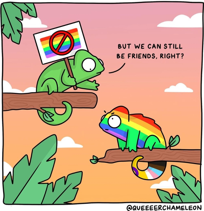 A chameleon holding a sign with a pride flag and an X through it asking "but we can still be friends, right?" to a chameleon in the pride colors.