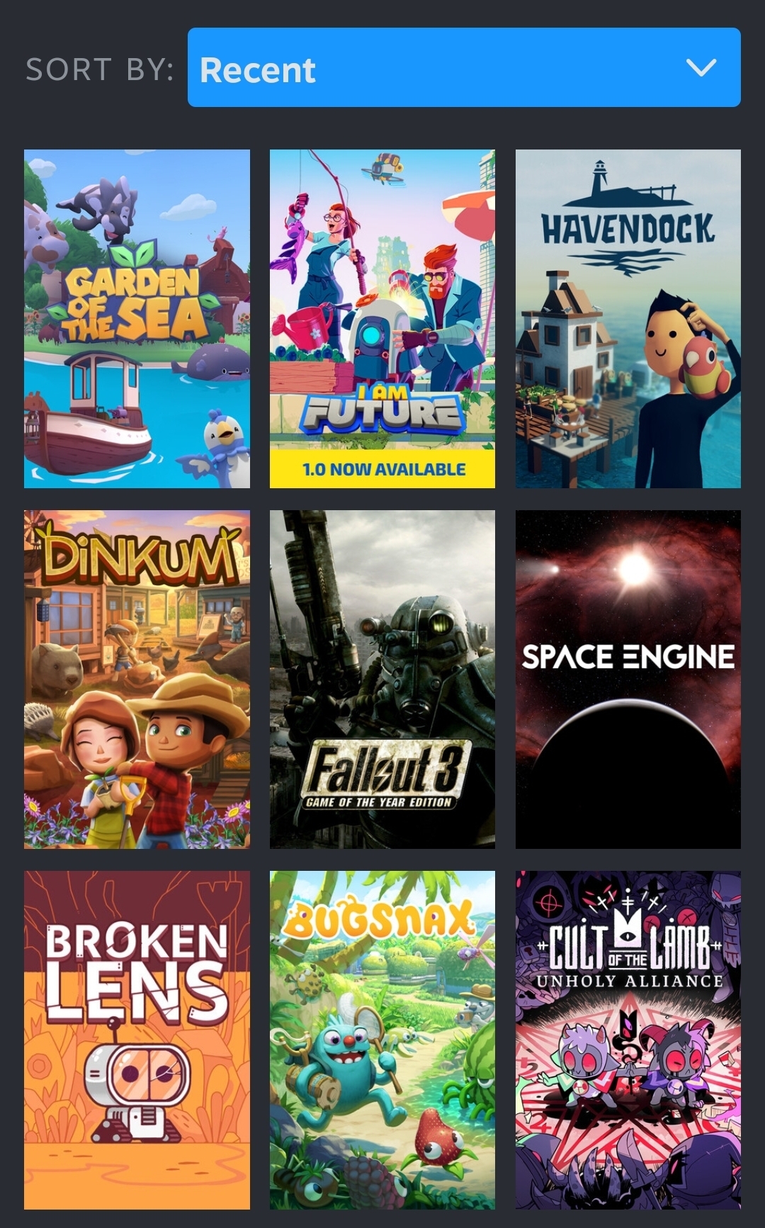 Garden of the Sea, I am Future, Havendock, Dinkum, Fallout 3 GOTY, Broken Lens, Bugsnax, Cult of the Lamb 