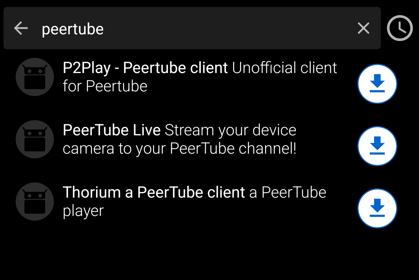 screenshot of f-droid with three peertube results