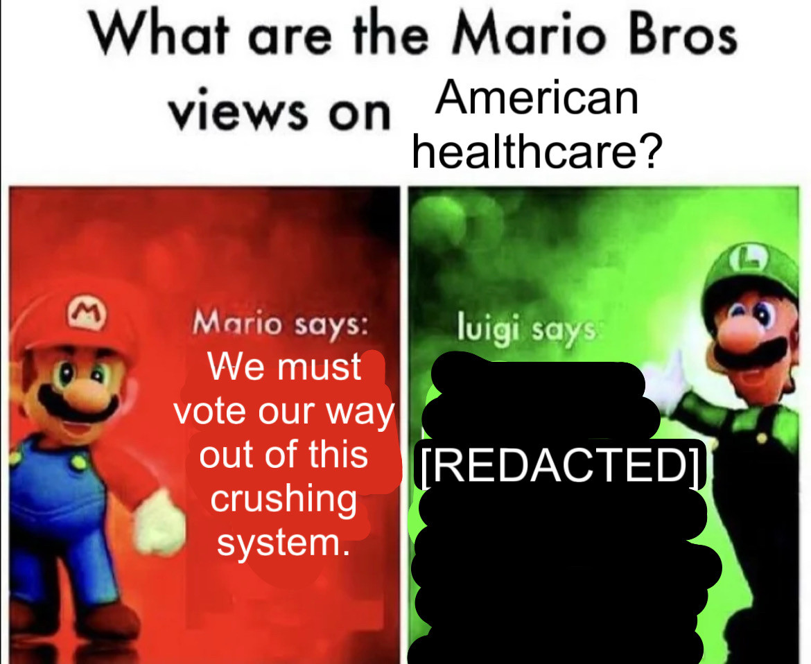 What are the Mario Bros
views on American healthcare?
Mario says:
We must vote our way out of this crushing system.
luigi says
[REDACTED]