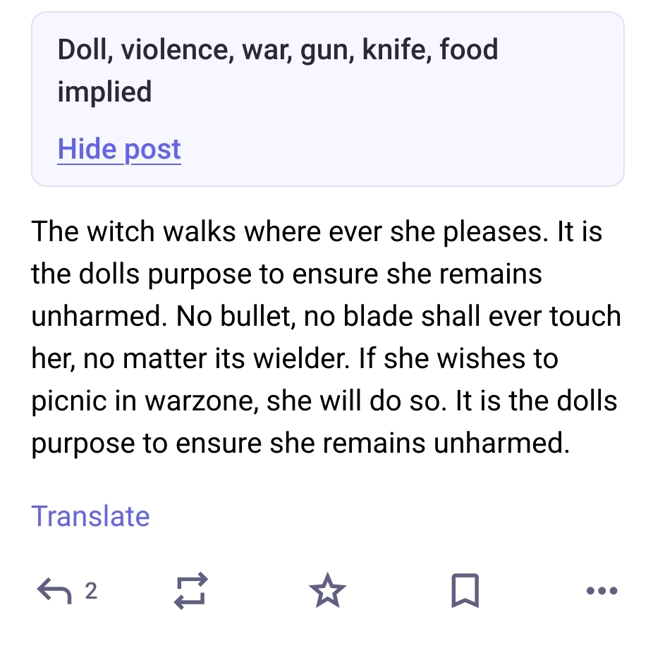 Content warning mastodon field with doll, gun and food