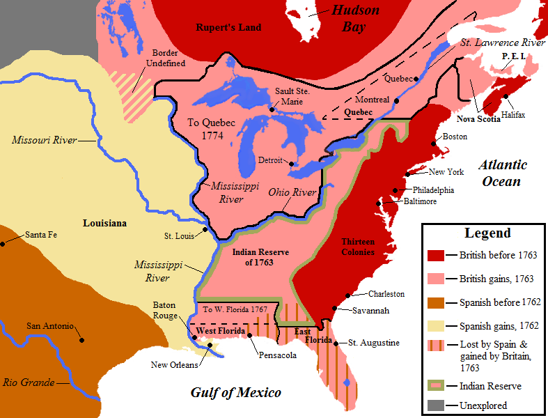 Map of North American territory from 1672 to 1683 from https://en.wikipedia.org/wiki/File:NorthAmerica1762-83.png